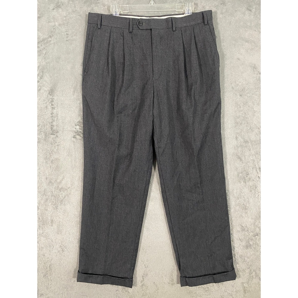 Chaps Dress Pants Mens 36x30 Gray 100% Wool Pleated Cuffed Classic Trousers